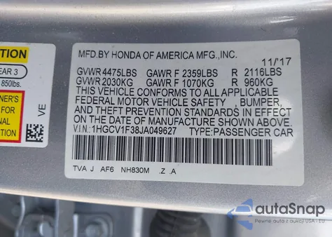 2018 Honda Accord Sport из США, поврежденный, VIN 1HGCV1F38JA049627